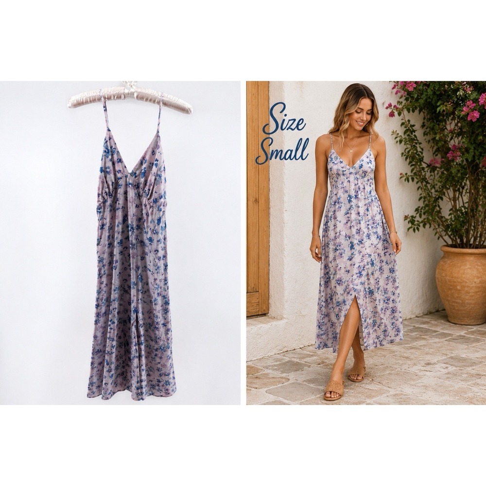Floral Midi Dress Women's Small Blue Pink Sleeveless V-Neck Side Slit Rayon Y2K